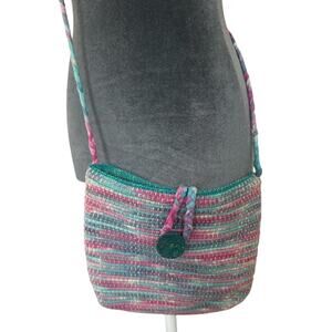 Handmade woven blue pink bag- crossbody- clay button- blue - one of a kind